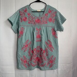 Layers Clothing Blouse Rayon Blend Floral Embroidered Stripe Boho Peasant Top M